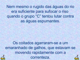 Nem mesmo o rugido das águas do rio era suficiente para sufocar o riso  quando o grupo “C” tentou lutar contra as águas espumantes. Os coitados agarraram-se a um emaranhado de galhos, que estavam se movendo rapidamente com a correnteza. 
