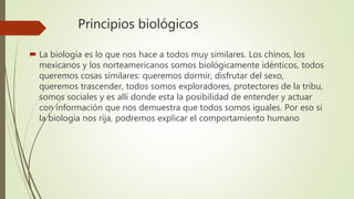 Principios biológicos
 La biología es lo que nos hace a todos muy similares. Los chinos, los
mexicanos y los norteamericanos somos biológicamente idénticos, todos
queremos cosas similares: queremos dormir, disfrutar del sexo,
queremos trascender, todos somos exploradores, protectores de la tribu,
somos sociales y es allí donde esta la posibilidad de entender y actuar
con información que nos demuestra que todos somos iguales. Por eso si
la biología nos rija, podremos explicar el comportamiento humano
 