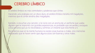 CEREBRO LÍMBICO
El cerebro límbico es más controlador y poderoso que córtex.
Haciendo una analogía con un disco duro, el cerebro límbico tendría mil magabytes,
mientras que el córtex tendría diez megabytes.
Ejemplo, si escuchas una canción, o te rocío con un aroma de un perfume que usaba
alguien que te improntó con grandes experiencias, es probable que recuerdes y evoques
a esa persona que ya no recordabas y sentirías un instante que esta frente a ti.
Recordemos que en la mente humana no existe cosas buenas o malas, sino memorias
del pasado que te hacen sentir que alguna cosas son buenas y otras malas.
 