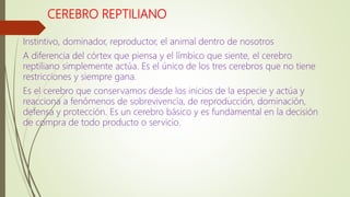 CEREBRO REPTILIANO
Instintivo, dominador, reproductor, el animal dentro de nosotros
A diferencia del córtex que piensa y el límbico que siente, el cerebro
reptiliano simplemente actúa. Es el único de los tres cerebros que no tiene
restricciones y siempre gana.
Es el cerebro que conservamos desde los inicios de la especie y actúa y
reacciona a fenómenos de sobrevivencia, de reproducción, dominación,
defensa y protección. Es un cerebro básico y es fundamental en la decisión
de compra de todo producto o servicio.
 