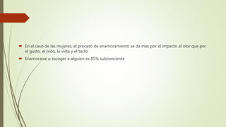  En el caso de las mujeres, el proceso de enamoramiento se da mas por el impacto al olor que por
el gusto, el oído, la vista y el tacto
 Enamorarse o escoger a alguien es 85% subconciente
 