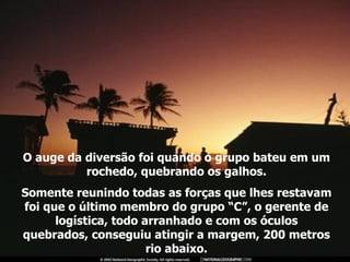 O auge da diversão foi quando o grupo bateu em um rochedo, quebrando os galhos. Somente reunindo todas as forças que lhes restavam foi que o último membro do grupo “C”, o gerente de logística, todo arranhado e com os óculos quebrados, conseguiu atingir a margem, 200 metros rio abaixo. 