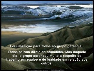 Foi uma lição para todos no grupo gerencial.
Todos caíram direto na armadilha. Mas naquele
dia, o grupo aprendeu muito a respeito de
trabalho em equipe e de lealdade em relação aos
outros.
 
