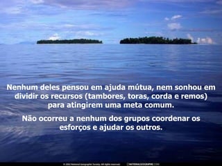 Nenhum deles pensou em ajuda mútua, nem sonhou em dividir os recursos (tambores, toras, corda e remos) para atingirem uma meta comum. Não ocorreu a nenhum dos grupos coordenar os esforços e ajudar os outros. 