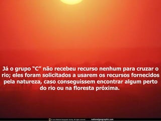 Já o grupo “C” não recebeu recurso nenhum para cruzar o rio; eles foram solicitados a usarem os recursos fornecidos pela natureza, caso conseguissem encontrar algum perto do rio ou na floresta próxima.  