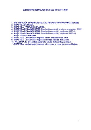 EJERCICIOS RESUELTOS DE GEO2 2015-2016 MHR
1. DISTRIBUCIÓN SUPERFICIE SECANO-REGADÍO POR PROVINCIAS (1998).
2. PRÁCTICA DE...