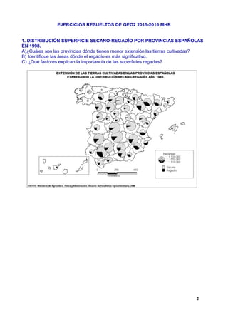 EJERCICIOS RESUELTOS DE GEO2 2015-2016 MHR
1. DISTRIBUCIÓN SUPERFICIE SECANO-REGADÍO POR PROVINCIAS ESPAÑOLAS
EN 1998.
A)¿...