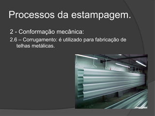 Processos da estampagem.
2 - Conformação mecânica:
2.6 – Corrugamento: é utilizado para fabricação de
telhas metálicas.
 