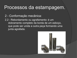 Processos da estampagem.
2 - Conformação mecânica:
2.2 - Rebordamento ou agrafamento: é um
dobramento completo da borda de um esboço,
que pode ser unida a outra peça formando uma
junta agrafada.

 