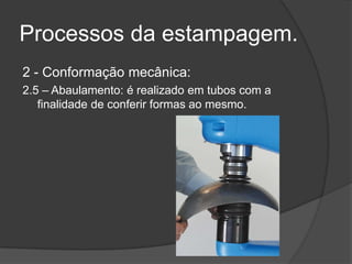 Processos da estampagem.
2 - Conformação mecânica:
2.5 – Abaulamento: é realizado em tubos com a
finalidade de conferir formas ao mesmo.

 
