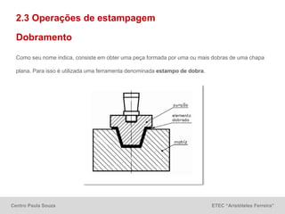 Centro Paula Souza ETEC “Aristóteles Ferreira”
2.3 Operações de estampagem
Dobramento
Como seu nome indica, consiste em obter uma peça formada por uma ou mais dobras de uma chapa
plana. Para isso é utilizada uma ferramenta denominada estampo de dobra.
 