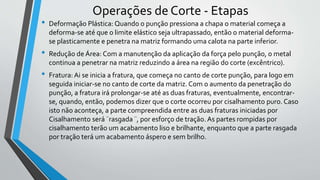 Operações de Corte - Etapas
• Deformação Plástica: Quando o punção pressiona a chapa o material começa a
deforma-se até que o limite elástico seja ultrapassado, então o material deforma-
se plasticamente e penetra na matriz formando uma calota na parte inferior.
• Redução de Área: Com a manutenção da aplicação da força pelo punção, o metal
continua a penetrar na matriz reduzindo a área na região do corte (excêntrico).
• Fratura: Ai se inicia a fratura, que começa no canto de corte punção, para logo em
seguida iniciar-se no canto de corte da matriz. Com o aumento da penetração do
punção, a fratura irá prolongar-se até as duas fraturas, eventualmente, encontrar-
se, quando, então, podemos dizer que o corte ocorreu por cisalhamento puro. Caso
isto não aconteça, a parte compreendida entre as duas fraturas iniciadas por
Cisalhamento será ¨rasgada ¨, por esforço de tração. As partes rompidas por
cisalhamento terão um acabamento liso e brilhante, enquanto que a parte rasgada
por tração terá um acabamento áspero e sem brilho.
 