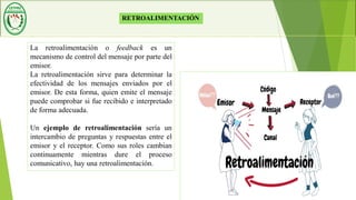 La retroalimentación o feedback es un
mecanismo de control del mensaje por parte del
emisor.
La retroalimentación sirve para determinar la
efectividad de los mensajes enviados por el
emisor. De esta forma, quien emite el mensaje
puede comprobar si fue recibido e interpretado
de forma adecuada.
Un ejemplo de retroalimentación sería un
intercambio de preguntas y respuestas entre el
emisor y el receptor. Como sus roles cambian
continuamente mientras dure el proceso
comunicativo, hay una retroalimentación.
RETROALIMENTACIÓN
 