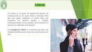 El emisor es el punto de partida del proceso de
comunicación al ser quien emite el mensaje. Para
que esto pueda cumplirse, el emisor tiene que
compartir los mismos canales y códigos
comunicacionales con su receptor; de lo contrario, el
proceso no culminará exitosamente.
Un ejemplo de emisor es la persona que hace una
llamada telefónica para iniciar una conversación con
otra.
EMISOR
 