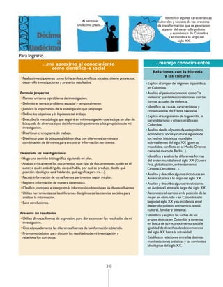 Identifico algunas características
                                           Al terminar                                       culturales y sociales de los procesos
                                        undécimo grado...                                    de transformación que se generaron
                                                                                                a partir del desarrollo político
                                                                                                      y económico de Colombia
                                                                                                     y el mundo a lo largo del
                                                                                                            siglo XX.



Para lograrlo...
               …me aproximo al conocimiento                                                …manejo conocimientos
                 como científico-a social
                                                                                          Relaciones con la historia
                                                                                                y las culturas
•Realizo investigaciones como lo hacen los científicos sociales: diseño proyectos,
 desarrollo investigaciones y presento resultados.                                   •Explico el origen del régimen bipartidista
                                                                                      en Colombia.
Formulo proyectos                                                                    •Analizo el periodo conocido como “la
•Planteo un tema o problema de investigación.                                         violencia” y establezco relaciones con las
                                                                                      formas actuales de violencia.
•Delimito el tema o problema espacial y temporalmente.
                                                                                     •Identifico las causas, características y
•Justifico la importancia de la investigación que propongo.
                                                                                      consecuencias del Frente Nacional.
•Defino los objetivos y la hipótesis del trabajo.
                                                                                     •Explico el surgimiento de la guerrilla, el
•Describo la metodología que seguiré en mi investigación que incluya un plan de       paramilitarismo y el narcotráfico en
 búsqueda de diversos tipos de información pertinente a los propósitos de mi          Colombia.
 investigación.
                                                                                     •Analizo desde el punto de vista político,
•Diseño un cronograma de trabajo.                                                     económico, social y cultural algunos de
•Diseño un plan de búsqueda bibliográfica con diferentes términos y                   los hechos históricos mundiales
 combinación de términos para encontrar información pertinente.                       sobresalientes del siglo XX (guerras
                                                                                      mundiales, conflicto en el Medio Oriente,
                                                                                      caída del muro de Berlín...).
Desarrollo las investigaciones
                                                                                     •Identifico y analizo las diferentes formas
•Hago una revisión bibliográfica siguiendo mi plan.
                                                                                      del orden mundial en el siglo XX (Guerra
•Analizo críticamente los documentos (qué tipo de documento es, quién es el           Fría, globalización, enfrentamiento
 autor, a quién está dirigido, de qué habla, por qué se produjo, desde qué            Oriente-Occidente...).
 posición ideológica está hablando, qué significa para mí…).
                                                                                     •Analizo y describo algunas dictaduras en
•Recojo información de otras fuentes pertinentes según mi plan.                       América Latina a lo largo del siglo XX.
•Registro información de manera sistemática.                                         •Analizo y describo algunas revoluciones
•Clasifico, comparo e interpreto la información obtenida en las diversas fuentes.     en América Latina a lo largo del siglo XX.
•Utilizo herramientas de las diferentes disciplinas de las ciencias sociales para    •Reconozco el cambio en la posición de la
 analizar la información.                                                             mujer en el mundo y en Colombia a lo
•Saco conclusiones.                                                                   largo del siglo XX y su incidencia en el
                                                                                      desarrollo político, económico, social,
                                                                                      cultural, familiar y personal.
Presento los resultados
                                                                                     •Identifico y explico las luchas de los
•Utilizo diversas formas de expresión, para dar a conocer los resultados de mi        grupos étnicos en Colombia y América
 investigación.                                                                       en busca de su reconocimiento social e
•Cito adecuadamente las diferentes fuentes de la información obtenida.                igualdad de derechos desde comienzos
•Promuevo debates para discutir los resultados de mi investigación y                  del siglo XX hasta la actualidad.
 relacionarlos con otros.                                                            •Establezco relaciones entre las distintas
                                                                                      manifestaciones artísticas y las corrientes
                                                                                      ideológicas del siglo XX.




                                                             38
 