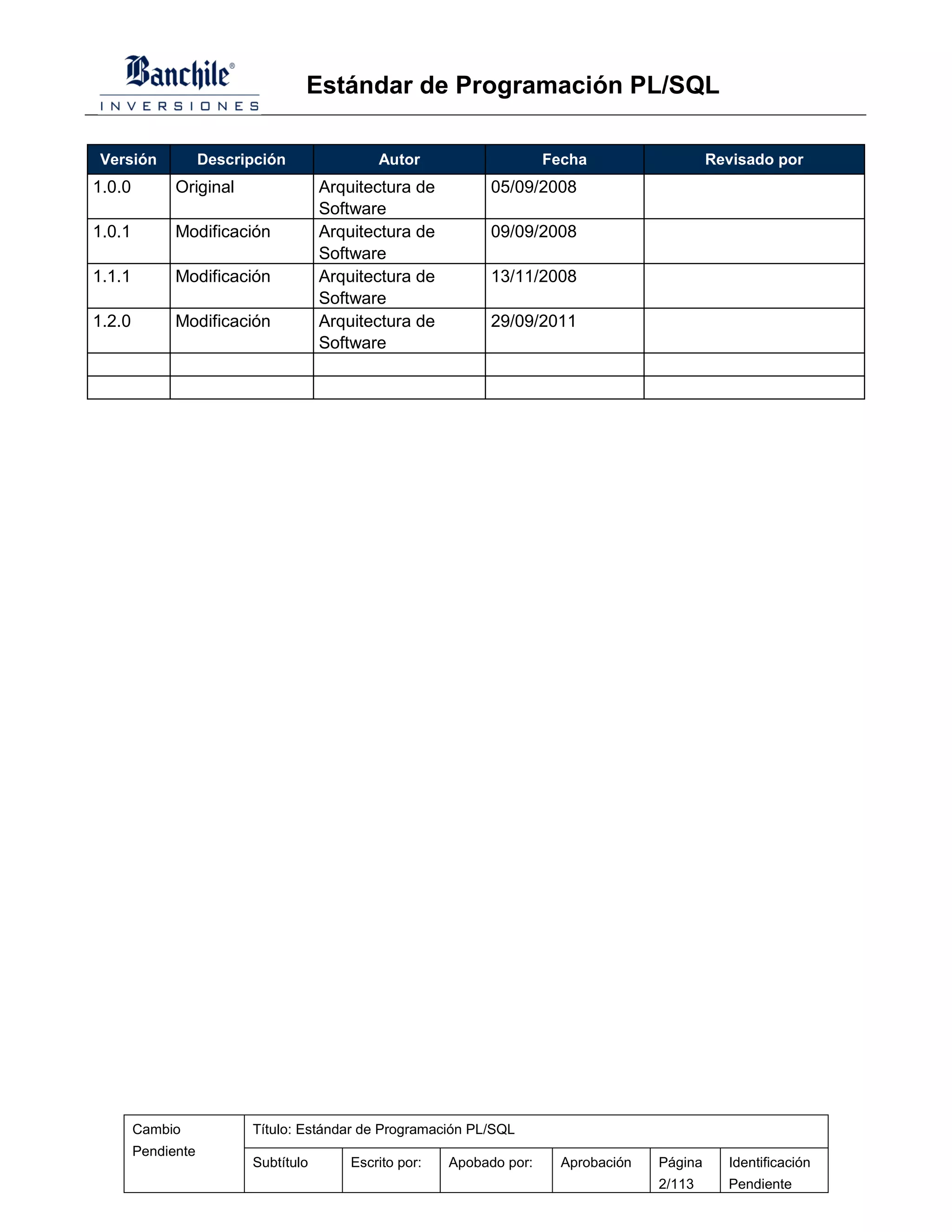 Estándar de Programación PL/SQL

Versión             Descripción               Autor                     Fecha                   Revisado por
1.0.0         Original                Arquitectura de          05/09/2008
                                      Software
1.0.1         Modificación            Arquitectura de          09/09/2008
                                      Software
1.1.1         Modificación            Arquitectura de          13/11/2008
                                      Software
1.2.0         Modificación            Arquitectura de          29/09/2011
                                      Software




        Cambio            Título: Estándar de Programación PL/SQL
        Pendiente
                          Subtítulo       Escrito por:   Apobado por:     Aprobación   Página     Identificación
                                                                                       2/113      Pendiente
 
