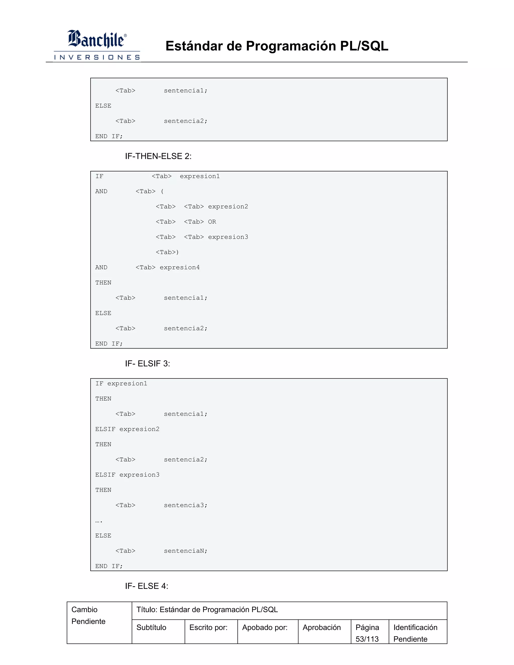 Estándar de Programación PL/SQL


             <Tab>           sentencia1;

      ELSE

             <Tab>           sentencia2;

      END IF;


                IF-THEN-ELSE 2:

      IF                 <Tab>    expresion1

      AND         <Tab> (

                          <Tab>    <Tab> expresion2

                          <Tab>    <Tab> OR

                          <Tab>    <Tab> expresion3

                          <Tab>)

      AND         <Tab> expresion4

      THEN

             <Tab>           sentencia1;

      ELSE

             <Tab>           sentencia2;

      END IF;


                IF- ELSIF 3:

      IF expresion1

      THEN

             <Tab>           sentencia1;

      ELSIF expresion2

      THEN

             <Tab>           sentencia2;

      ELSIF expresion3

      THEN

             <Tab>           sentencia3;

      ….

      ELSE

             <Tab>           sentenciaN;

      END IF;


                IF- ELSE 4:

Cambio               Título: Estándar de Programación PL/SQL
Pendiente
                     Subtítulo      Escrito por:   Apobado por:   Aprobación   Página   Identificación
                                                                               53/113   Pendiente
 