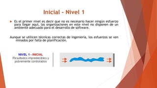 Inicial - Nivel 1
 Es el primer nivel es decir que no es necesario hacer ningún esfuerzo
para llegar aquí, las organizaciones en este nivel no disponen de un
ambiente adecuado para el desarrollo de software.
Aunque se utilicen técnicas correctas de ingeniería, los esfuerzos se ven
minados por falta de planificación.
 