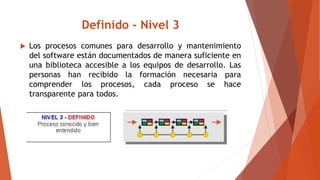 Definido - Nivel 3
 Los procesos comunes para desarrollo y mantenimiento
del software están documentados de manera suficiente en
una biblioteca accesible a los equipos de desarrollo. Las
personas han recibido la formación necesaria para
comprender los procesos, cada proceso se hace
transparente para todos.
 