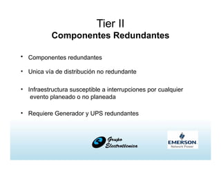 Tier II
Componentes Redundantes
• Componentes redundantes
• Unica vía de distribución no redundante
• Infraestructura susceptible a interrupciones por cualquier
evento planeado o no planeada
• Requiere Generador y UPS redundantes
 