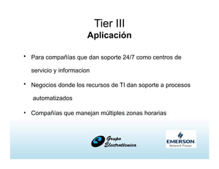 Tier III
Aplicación
• Para compañías que dan soporte 24/7 como centros de
servicio y informacion
• Negocios donde los recursos de TI dan soporte a procesos
automatizados
• Compañías que manejan múltiples zonas horarias
 