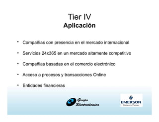 Tier IV
Aplicación
• Compañias con presencia en el mercado internacional
• Servicios 24x365 en un mercado altamente competitivo
• Compañias basadas en el comercio electrónico
• Acceso a procesos y transacciones Online
• Entidades financieras
 