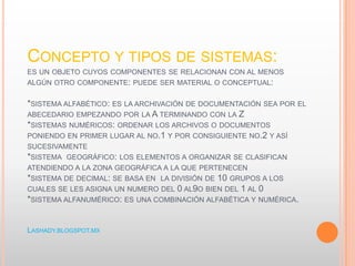 CONCEPTO Y TIPOS DE SISTEMAS:
ES UN OBJETO CUYOS COMPONENTES SE RELACIONAN CON AL MENOS
ALGÚN OTRO COMPONENTE: PUEDE SER MATERIAL O CONCEPTUAL:
*SISTEMA ALFABÉTICO: ES LA ARCHIVACIÓN DE DOCUMENTACIÓN SEA POR EL
ABECEDARIO EMPEZANDO POR LA A TERMINANDO CON LA Z
*SISTEMAS NUMÉRICOS: ORDENAR LOS ARCHIVOS O DOCUMENTOS
PONIENDO EN PRIMER LUGAR AL NO.1 Y POR CONSIGUIENTE NO.2 Y ASÍ
SUCESIVAMENTE
*SISTEMA GEOGRÁFICO: LOS ELEMENTOS A ORGANIZAR SE CLASIFICAN
ATENDIENDO A LA ZONA GEOGRÁFICA A LA QUE PERTENECEN
*SISTEMA DE DECIMAL: SE BASA EN LA DIVISIÓN DE 10 GRUPOS A LOS
CUALES SE LES ASIGNA UN NUMERO DEL 0 AL9O BIEN DEL 1 AL 0
*SISTEMA ALFANUMÉRICO: ES UNA COMBINACIÓN ALFABÉTICA Y NUMÉRICA.
LASHADY.BLOGSPOT.MX
 