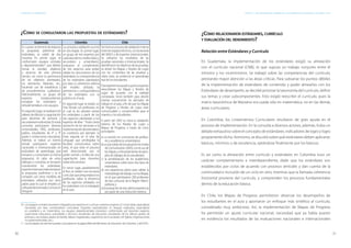 30 31
ESTÁNDARES DE APRENDIZAJE Capítulo 2. Una aproximación comparativa a las experiencias de Guatemala, Colombia y Chile
¿Cómo se consultaron las propuestas de estándares?
Guatemala Colombia Chile
En cuanto se terminó de elaborar
la propuesta preliminar de
estándares, se validó de dos
maneras: En primer lugar, se
conformaron equipos centrales
y departamentales10
que debían
revisar la claridad, objetivos
y alcances de esta primera
versión, así como la pertinencia
de los objetivos planteados,
los elementos faltantes, etc.,
haciendo uso de estadísticas y
de procedimientos cualitativos.
Adicionalmente, un grupo de
expertos estadounidenses
revisaban los estándares y
retroalimentaban a los equipos.
Ensegundolugar,serealizaron45
talleresdedifusión ycapacitación
para docentes de primaria y
secundariaentodoelpaís.Enestas
consultas participaron diversas
universidades, ONG, profesores,
padres, estudiantes de 6° y 9°
grado e instituciones educativas.
Además, se realizó un evento
donde participaron expertos
nacionales e internacionales en
estándares de aprendizaje, que
revisaron y comentaron la misma
propuesta. Al cabo de estos
diálogos y consultas, se revisaron
nuevamente los estándares,
expertosinternacionalesrevisaron
la propuesta preliminar y se le
comparó con otros modelos de
estándares utilizados por otros
países para lo cual se empleó un
softwaredenominadoCurrículum
Designer.
Laconsultayvalidaciónocurrió
en dos etapas. En primer lugar,
un grupo de tres expertos por
cadaárea(delosnivelesbásico,
secundario y universitario),
evaluaron el cumplimiento
de tres aspectos para poder
validar los documentos de los
estándares: la correspondencia
de los estándares planteados
por área, la coherencia interna
del modelo utilizado; la
pertinencia y correspondencia
de los estándares con la
práctica en el aula.
En segundo lugar se realizó un
Foro Virtual con profesores, en
el cual se les planteó revisar
los estándares a partir de los
tres aspectos planteados a los
expertos de área.11
Hubo cierta
oposición de los docentes a la
implementacióndeestándares,
se cuestionó, por ejemplo: la
línea seguida en el área de
Lenguaje que privilegiaba la
facultad comunicativa sobre
otras, el que todo el proceso
esté direccionado por el
poder central y la falta de una
capacitación para docentes
sobre este proceso.
En tercer lugar, paralelamente
al foro, se realizó una encuesta
curricular,quepreguntabaalos
profesores sobre la eficiencia
de los aspectos señalados en
los estándares con lo trabajado
en el aula.
Seinicióunprocesodevalidacióninterna
entrelosequipostécnicos,conlaasesoría
del SIMCE y de expertos internacionales.
Se utilizaron los resultados de las
pruebas nacionales e internacionales. Se
identificaronlosobjetivosdelaspruebas,
se alineó los Mapas y Niveles de Logro
con los contenidos de las pruebas y,
sobre todo, se evidenció el aprendizaje
real de los estudiantes.
Estaexperienciaayudóaquelosexpertos
reescribieran los Mapas y Niveles de
Logro de acuerdo con la realidad
constatada. Sirvió también para decidir
insertar nuevamente los ejemplos de
trabajo en el aula, a fin de que los Mapas
de Progreso y Niveles de Logro sean
comunicables y comprensibles para el
maestro y los estudiantes.
A partir del 2003 se inicia la validación
externa de los Niveles de Logro y
Mapas de Progreso, a través de cinco
actividades:
a) su revisión en comisiones de profeso-
res y académicos universitarios;
b)unpre-pilotodelaevaluaciónenelárea
deComunicación(2005),conelusode
los Mapas y el levantamiento de ejem-
plos de trabajos de los estudiantes;
c) la sensibilización de los académicos
universitarios sobre estos dos tipos de
estándares;
d) una experiencia piloto para validar la
metodologíadetrabajoconlosMapas,
en el que participaron 200 profesores
de dos comunas de la Región Metro-
politana; y
e)laevaluacióndeestaúltimaexperiencia
por parte de una institución externa.10 11
10	 Losequiposcentralesestuvieronintegradosporexpertosencurrículo,maestrosexpertos(2o4porárea),especialistas
nacionales por área, coordinadores curriculares, lingüistas especializados en lenguas originarias, especialistas
en castellano y en matemática. Los equipos departamentales estuvieron conformados por docentes expertos,
supervisores educativos, autoridades y técnicos, estudiantes de educación, estudiantes de los últimos grados de
primaria y secundaria, padres de familia, líderes magisteriales, organismos de la sociedad civil (Iglesia, Organizaciones
no gubernamentales, etc.).
11	 Los resultados de este foro pueden consultarse en la páginaWeb del Ministerio de Educación de Colombia y del ICFES.
¿Cómo relacionaron estándares, currículo
y evaluación del rendimiento?
Relación entre Estándares y Currículo
En Guatemala, la implementación de los estándares exigió su alineación
con el currículo nacional (CNB), lo que supuso un trabajo conjunto entre el
ministro y los viceministros. Se trabajó sobre las competencias del currículo,
prestando mayor atención a las áreas críticas. Para subsanar los puntos débiles
de la implementación de estándares de contenido y poder alinearlos con los
Estándares de desempeño, se decidió priorizar la taxonomía del currículo, definir
sus temas y crear subcomponentes. Esto exigió reescribir el currículo, pues la
matriz taxonómica de Marzano era usada sólo en matemática, no en las demás
áreas curriculares.
En Colombia, los Lineamientos Curriculares resultaron de gran ayuda en el
proceso de implementación. En la consulta a diversos actores, además, hubo un
debate exhaustivo sobre el concepto de estándares, indicadores de logro y logro
propiamente dicho. Asimismo, se discutió sobre qué estándares deben aplicarse:
básicos, mínimos o de excelencia, optándose finalmente por los básicos.
Es así como la alineación entre currículo y estándares en Colombia tuvo un
carácter complementario e interdependiente, dado que los estándares son
establecidos por ciclos de acuerdo con procesos verticales y dan cuenta de la
continuidad e inclusión de un ciclo en otro; mientras que la llamada coherencia
horizontal proviene del currículo, y comprenden los procesos fundamentales
dentro de la educación básica.
En Chile, los Mapas de Progreso permitieron observar los desempeños de
los estudiantes en el aula y aportaron un enfoque más sintético al currículo,
considerado muy ambicioso. Así, la implementación de Mapas de Progreso
ha permitido un ajuste curricular nacional, necesidad que ya había puesto
en evidencia los resultados de las evaluaciones nacionales e internacionales
 