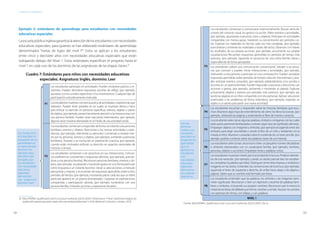 54 55
ESTÁNDARES DE APRENDIZAJE Capítulo 3. Inglaterra: uno de los pioneros en la elaboración e implementación de estándares de aprendizaje
Ejemplo 2: estándares de aprendizaje para estudiantes con necesidades
educativas especiales
Laescuelapúblicainglesagarantizalaatencióndelosestudiantesconnecesidades
educativas especiales, para quienes se han elaborado estándares de aprendizaje
denominados “metas de logro del nivel P”. Estos se aplican a los estudiantes
entre cinco y diecisiete años con necesidades educativas especiales que están
trabajando debajo del Nivel 1. Estos estándares especifican el progreso hasta el
nivel 1 en cada uno de los dominios de las asignaturas de las etapas claves.25
Cuadro 7: Estándares para niños con necesidades educativas
especiales. Asignatura: Inglés, dominio: Leer
P1
Los estudiantes participan en actividades. Pueden mostrarse pasivos o re-
sistentes. Pueden demostrar respuestas sencillas de reflejo, (por ejemplo,
asustarse con los sonidos repentinos o los movimientos). Cualquier tipo de
participación está plenamente motivada.
Losestudiantesmuestranconcienciaacercadeactividadesyexperienciasque
realizaron. Pueden tener períodos en los cuales se muestran alertas y listos
para enfocar su atención en personas específicas, eventos, objetos o partes
de objetos, (por ejemplo, prestar brevemente atención a las interacciones con
una persona familiar). Pueden tener reacciones intermitentes, (por ejemplo,
algunas veces moverse demasiado en el medio de una actividad social).
P2
Los estudiantes comienzan a responder de forma consistente a las personas
familiares, eventos y objetos. Reaccionan a las nuevas actividades y expe-
riencias, (por ejemplo, reteniendo su atención). Comienzan a mostrar inte-
rés por las personas, eventos y objetos, (por ejemplo, sonriendo a personas
familiares). Aceptan y se involucran en exploración coactiva, (por ejemplo,
cuando están motivados enfocan su atención en aspectos sensoriales de
historias o ritmos).
Los estudiantes comienzan a ser proactivos en sus interacciones. Comuni-
can preferencias consistentes y respuestas afectivas, (por ejemplo, acercán-
dose a una persona favorita). Reconocen personas familiares, eventos y ob-
jetos, (por ejemplo, vocalizando o haciendo gestos en una forma particular
como respuesta a un visitante favorito). Llevan a cabo acciones, a menudo
para probar y mejorar, y se acuerdan de respuestas aprendidas sobre cortos
períodos de tiempo, (por ejemplo, mostrando placer cada vez que un títere
particular aparece en un poema dramatizado). Cooperan en exploraciones
compartidas y participación asistida, (por ejemplo, turnándose con una
persona familiar, imitando acciones y expresiones faciales).
25	 INGLATERRA. Qualification and Curriculum Authority (QCA) (2007). Performance -P level- attainment targets: for
pupils with special education needs who are working below level 1 of the National Curriculum. London: QCA.
P3
Los estudiantes comienzan a comunicarse intencionalmente. Buscan atención
a través del contacto visual, los gestos o la acción. Piden eventos o actividades,
(por ejemplo, apuntando a personas clave u objetos). Participan en actividades
compartidas con menos apoyo. Sostienen su concentración por períodos cor-
tos. Exploran los materiales en formas cada vez más complejas, (por ejemplo,
acercándose y sintiendo los materiales a través del tacto). Observan con interés
los resultados de sus propias acciones, (por ejemplo, escuchando sus propias
vocalizaciones) Recuerdan respuestas aprendidas en períodos de tiempo más
extensos, (por ejemplo, siguiendo la secuencia de una rutina familiar diaria y
respondiendo de forma apropiada).
Los estudiantes utilizan una comunicación convencional. Saludan a las perso-
nas que conocen y pueden iniciar interacciones y actividades, (por ejemplo,
motivando a otra persona a participar en una conversación). Pueden acordarse
respuestas aprendidas sobre períodos de tiempo cada vez más extensos y pue-
den anticipar eventos conocidos, (por ejemplo, adelantándose a los sonidos o
acciones en un poema familiar). Pueden responder a opciones y elecciones con
acciones o gestos, (por ejemplo, asintiendo o moviendo la cabeza). Exploran
activamente objetos y eventos por períodos más extensos, (por ejemplo, pa-
sando las páginas en un libro compartido con otra persona). Aplican soluciones
potenciales a los problemas de forma sistemática, (por ejemplo, trayendo un
objeto a un adulto para pedir una nueva actividad).
P4
Los estudiantes escuchan y responden sobre las historias familiares que escu-
chan. Muestran algún tipo de entendimiento de cómo los libros funcionan, (por
ejemplo, volteando las páginas y sosteniendo el libro de manera correcta).
P5
Losestudiantesseleccionanalgunaspalabras,símbolosoimágenesconlascuales
están particularmente familiarizados y extraen algún tipo de significado del texto,.
Emparejan objetos con imágenes y símbolos, (por ejemplo escogiendo entre dos
símbolos para elegir una bebida o viendo la foto de un niño y señalando con la
mirada al niño). Muestran curiosidad sobre el contenido de un texto sencillo, (por
ejemplo, podrían contestar sobre dos palabras claves de una historia).
P6
Los estudiantes seleccionan, reconocen o leen un pequeño número de palabras
o símbolos relacionados con un vocabulario familiar, (por ejemplo, nombres,
personas, objetos o acciones). Emparejan letras y palabras cortas.
P7
Los estudiantes muestran interés por la actividad de la lectura. Predicen elemen-
tos de una narración, (por ejemplo, cuando un adulto para de leer, los estudian-
tes completan la palabra que falta). Distinguen entre letra impresa o símbolos e
imágenes en los textos. Entienden las convenciones de la lectura, (por ejemplo,
siguiendo el texto de izquierda a derecha, de arriba hacia abajo y de página a
página). Saben que su nombre está formado por letras.
P8
Los estudiantes entienden que las palabras, los símbolos y las imágenes trans-
miten significado. Reconocen o leen un repertorio creciente de palabras fami-
liares o símbolos, incluyendo sus propios nombres. Reconocen por lo menos la
mitad de las letras del alfabeto por forma, nombre o sonido. Asocian los sonidos
con patrones de ritmos, con sílabas, y con palabras.
NIVEL 1
Fuente: INGLATERRA. Qualification and Curriculum Authority (QCA) (2007). Óp cit.
Los niveles del 4
al 8 describen la
progresión de los
aprendizajes en
un determinado
dominio. Por
ejemplo, estos
describen qué
se espera que
los estudiantes
con necesidades
educativas
especiales
demuestren
con respecto al
dominio“Leer”.
Los tres
primeros
niveles y sus
subniveles
describen en
progresión el
aprendizaje
que, en
general, los
estudiantes
con
necesidades
educativas
especiales
demuestran
en cualquier
asignatura.
 