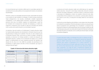 62 63
ESTÁNDARES DE APRENDIZAJE Capítulo 3. Inglaterra: uno de los pioneros en la elaboración e implementación de estándares de aprendizaje
el Currículo Nacional, que es donde se define qué es lo que deben aprender los
estudiantes de las escuelas públicas vía los programas de estudio y los estándares
de aprendizaje.
Asimismo, cuenta con autoridades educativas locales, responsables de asesorar
a las escuelas de cada localidad. Sin embargo, el sistema otorga actualmente
mayor protagonismo a las escuelas, consideradas unidades organizativas
competentes, y se les delega poder de decisión, de gestión económica, de
personal, entre otros. Así también, Inglaterra ha implementado, a partir de
los resultados de las evaluaciones nacionales de estudiantes, un sistema de
inspección y evaluación de las escuelas (a cargo de la OFSTED) que permite
rendir cuentas ante la administración y la comunidad en general.
Un elemento clave del sistema es el profesorado. El sistema educativo inglés
ha implementado programas de reclutamiento y formación docente que han
buscado elevar el estatus de la profesión. Para esto se creó la Agencia para
el Desarrollo Docente (TDA), cuya función es elevar la calidad y cantidad de
aspirantes a la docencia. Se introdujo también un sistema de evaluación del
desempeño docente y cambios en las condiciones de trabajo y en su sistema
salarial. La implementación de estos programas permitió, por ejemplo, que
después de tres años (en el año 2000) los resultados de aprendizaje de los
estudiantes en inglés pasaran del 63% al 75% de estudiantes que logran el
estándar (meta de logro).
Cuadro 10: Estructura del sistema educativo inglés
Nivel educativo Etapas Edad
Educación superior Formación profesional Formación universitaria + 17
Periodo preparatorio A-levels 16 -17
Educación secundaria
Etapa clave 4 14 - 16
Etapa clave 3 11 - 14
Educación primaria
Etapa clave 2 7 - 11
Etapa clave 1 5 - 7
Educación inicial Etapa fundacional 0 - 5
La estructura del sistema educativo inglés está conformada por los siguientes
niveles educativos: educación inicial (etapa fundacional), educación primaria,
educación secundaria, preparatoria y educación superior. La educación primaria
y secundaria son obligatorias y tienen una duración mínima de once años,
comprendidos entre las edades de cinco y dieciséis. La primaria abarca desde los
cinco hasta los once años, y la educación secundaria, desde los once hasta los
dieciséis.
La educación escolar obligatoria está dividida en cuatro etapas clave relacionadas
con la edad de los estudiantes. Al final de cada etapa se realiza una evaluación para
valorar la progresión de los aprendizajes de los estudiantes. La evaluación más
importante se realiza en la última etapa (Etapa Clave 4) y da lugar a la obtención del
certificado para la educación secundaria denominado GCSE (General Certificate of
Secondary Education) considerado como el certificado oficial de haber culminado
la enseñanza obligatoria.
El sistema educativo inglés es considerado hoy como un sistema con alto
coeficiente de mejora, conforme a la Evaluación Nacional de Desarrollo
Educativo (NAEP). Desde hace más de veinte años viene desplegando
esfuerzos para mejorar el desempeño de su sistema educativo. Las
medidas más importantes del Estado inglés para introducir estas mejoras
han sido dos: fijar expectativas altas y claras de lo que cada alumno debe
saber, comprender y ser capaz de hacer; e implementar programas de
reclutamiento y desarrollo profesional docente, y mecanismos de monitoreo
e intervención a las escuelas.
 