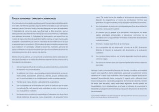70 71
ESTÁNDARES DE APRENDIZAJE Capítulo 4. Estándares de aprendizaje: Algunas premisas básicas para su elaboración e implementación en el Perú
Tipos de estándares y características principales
EnunestudioencomendadoypublicadoporelConsejoNacionaldeEducación
en el 2007, Iván Montes aportaba algunas definiciones básicas que vale la pena
tener en cuenta. Citando a Ravitch, Montes distingue tres tipos de estándares:
1) Estándares de contenido, que especifican qué se debe enseñar y qué se
debe aprender, describiendo de manera clara los conocimientos y habilidades
que debieran alcanzarse; 2) Estándares de desempeño, que especifican los
niveles de logro, describiendo qué desempeño expresa un logro inadecuado,
aceptable o sobresaliente, así como la naturaleza de las evidencias en las que
seapoyaríanparacomprobarlo;3)Estándaresdeoportunidadesparaaprender,
que establecen en cantidad y calidad los docentes, materiales, personal de
apoyo e infraestructura que se requieren para que los estudiantes alcancen los
estándares prescritos de la manera más óptima.
Montes enuncia, además, un conjunto de características de los estándares en
educación, basados en el análisis de diferentes experiencias de construcción y
formulación de estándares:
1.	 Son por lo general fruto de consensos, acuerdos colectivos y producidos
en espacios muy especializados.
2.	 Se elaboran con miras a que se apliquen prescriptivamente ya sea en
instituciones, asociaciones, provincias, distritos, grupos profesionales,
etc. En muchos casos su no cumplimiento podría ocasionar sanción.
3.	 Tienden a ser claros, directos y elevadamente pragmáticos.
4.	 Son susceptibles de ser evaluados en cuanto al grado en que se están
cumpliendo. De nada serviría tener estándares si estos no se prestan a
una evaluación o medición.
5.	 No tienen alcance didáctico metodológico. Solamente nos dicen hacia
dónde debemos de apuntar, nunca responden a la pregunta “cómo
hacer”. De todas formas los estados o las instancias descentralizadas
deberán de proporcionar al menos las condiciones mínimas que
garanticen las oportunidades para que se alcancen dichos estándares.
6.	 Son motivadores, en tanto son considerados para fines de acreditación
o acceso a la educación superior.
7.	 Se orientan por lo general a las disciplinas. Para algunos no serían
viables estándares emocionales o valorativos. Asimismo, no se
considera como una posibilidad inmediata el desarrollo de estándares
multidisciplinares.
8.	 Orientan y resaltan los énfasis de la enseñanza.
9.	 Son susceptibles de ser observados a través de la ERC (Evaluación
Referida al Criterio), la evaluación del desempeño y la evaluación
cualitativa.
10.	 Son construcciones teóricas, por lo tanto dependen mucho de quién y
cómo los hagan.
11.	 Son pocos en número pues por lo general apelan a los temas o aspectos
esenciales.
Santiago Cueto, comentando el estudio de Montes, considera «aconsejable
sugerir usos específicos de los estándares: ¿para qué los queremos? ¿Cómo
sabremos en 10 años si los estándares fueron útiles para mejorar la educación
peruana? Respondiendo a esta pregunta, él sugería usos a diferente nivel:
macro (evaluaciones nacionales, programas de formación docente, revisión
de textos para escuelas), meso (estándares regionales donde quieran ser
desarrollados), micro (evaluaciones en el aula y métodos de enseñanza) y
desarrollar un programa de monitoreo y evaluación del proceso de desarrollo
de estándares».
Fuente: MONTES ITURRIZAGA, Iván (2007). Estándares de aprendizaje: definición, tensiones y propuesta para
el Perú. Lima: Consejo Nacional de Educación (CNE).
 