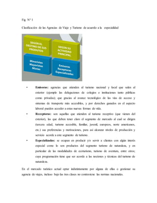 Fig. N° 1
Clasificación de las Agencias de Viaje y Turismo de acuerdo a la especialidad
• Emisoras: agencias que atienden al turismo nacional y local que salen al
exterior (ejemplo las delegaciones de colegios e instituciones tanto públicas
como privadas); que gracias al avance tecnológico de las vías de acceso y
sistemas de transporte más accesibles, y por derechos ganados en el aspecto
laboral pueden acceder a estas nuevas formas de vida.
• Receptoras: son aquellas que atienden al turismo receptivo (que vienen del
exterior), las que deben tener claro el segmento de mercado al cual se dirigen
(tercera edad, turismo accesible, familiar, juvenil, europeos, norte americanos,
etc.) sus preferencias y motivaciones, para así alcanzar niveles de producción y
servicio acorde a este segmento de turismo.
• Especializadas: se ocupan en producir y/o servir a clientes con algún interés
especial como lo son productos del segmento turismo de naturaleza, y en
particular de las modalidades de ecoturismo, turismo de aventura, entre otros;
cuya programación tiene que ser acorde a las nociones y técnicas del turismo de
naturaleza.
En el mercado turístico actual optar indistintamente por alguna de ellas o gestionar su
agencia de viajes, incluso bajo las tres clases no contraviene las normas nacionales.
 
