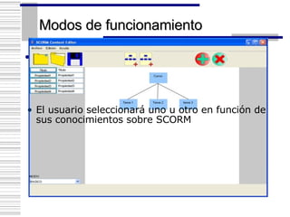 Modos de funcionamiento Estos modos son seleccionables de forma muy sencilla desde un control situado en la pantalla principal El usuario seleccionará uno u otro en función de sus conocimientos sobre SCORM 