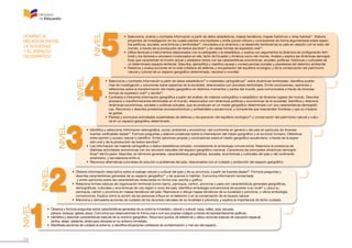 NIVEL

NIVEL

NIVEL

NIVEL
NIVEL

DOMINIO B.
RELACIÓN ENTRE
LA SOCIEDAD
Y EL ESPACIO
GEOGRÁFICO

34

• Selecciona, analiza y contrasta información a partir de datos estadísticos, mapas temáticos, mapas históricos y otras fuentes31. Elabora
proyectos de investigación en los cuales plantea una hipótesis y emite juicios críticos y conclusiones de forma argumentada sobre aspectos políticos, sociales, económicos y territoriales32, vinculados a la dinámica y al desarrollo territorial de su país en relación con el resto del
mundo, a través de la producción de textos escritos33 y de varias formas de expresión oral34.
• Utiliza técnicas e instrumentos relacionados con la cartografía o la estadística, y explica con argumentos la dinámica de configuración territorial y los factores o procesos involucrados en ella, tanto de Ecuador y América como del mundo. Analiza y explica las dinámicas demográficas que caracterizan el mundo actual y establece nexos con las características económicas, sociales, políticas, históricas y culturales de
un determinado espacio territorial. Describe, ejemplifica y clasifica causas y consecuencias sociales y planetarias del deterioro ambiental.
• Gestiona y evalúa acciones en la vida cotidiana de defensa y recuperación del equilibrio ecológico y de la conservación del patrimonio
natural y cultural de un espacio geográfico determinado, nacional o mundial.
• Selecciona y contrasta información a partir de datos estadísticos26 o materiales cartográficos27 sobre dinámicas territoriales. Identifica problemas de investigación y soluciones sobre aspectos de la sociedad, relacionados con procesos territoriales. Emite conclusiones, opiniones y
reflexiones sobre la transformación del medio geográfico en distintos momentos y partes del mundo, para comunicarlas a través de diversas
formas de expresión oral28 y escrita29.
• Contrasta e interpreta información geográfica a partir del análisis de material cartográfico o estadístico de diversos lugares del mundo. Describe
procesos y transformaciones territoriales en el mundo, relacionados con dinámicas políticas y económicas de la sociedad. Identifica y relaciona
dinámicas económicas, sociales y políticas actuales, que se producen en un medio geográfico determinado con sus características demográficas. Reconoce y describe problemas socioeconómicos y ambientales a escala local, y comprende que trascienden fronteras y que su impacto
es global.
• Plantea y promueve actividades sustentables de defensa y recuperación del equilibrio ecológico30 y conservación del patrimonio natural y cultural en un espacio geográfico determinado.

• Identifica y selecciona información demográfica, social, ambiental y económica –del continente en general y del país en particular de diversas
fuentes verificables dadas23. Formula preguntas y elabora conjeturas sobre la interrelación del medio geográfico y el accionar humano. Diferencia
entre opinión y suceso natural o científico. Emite opiniones propias y conclusiones sobre el medio geográfico ecuatoriano, a través de la expresión oral y de la producción de textos escritos24.
• Lee información de material cartográfico o datos estadísticos simples, considerando la simbología convencional. Relaciona la existencia de
distintas actividades económicas con los recursos naturales del espacio geográfico nacional. Caracteriza las principales dinámicas demográficas25 del Ecuador. Describe, en términos generales, características geográficas, sociales, económicas y culturales del país y del continente
americano, y las relaciona entre sí.
• Reconoce alternativas concretas de solución a problemas del país, relacionados con el cuidado y protección del espacio geográfico.
• Obtiene información descriptiva sobre el paisaje natural y cultural del país y de su provincia, a partir de fuentes dadas20. Formula preguntas y
describe características generales de su espacio geográfico21 y de quienes lo habitan. Comunica información recolectada
y emite opiniones sobre las características observadas en forma oral, escrita y gráfica.
• Relaciona formas básicas de organización territorial (como barrio, parroquia, cantón, provincia y país) con características generales geográficas,
demográficas, culturales y económicas de una región o zona del país. Identifica simbología convencional de acuerdo a su nivel22 y ubica su
parroquia, cantón y provincia en mapas temáticos del país. Reproduce o dibuja mapas temáticos de su localidad y provincia, y utiliza simbología
convencional. Explica cómo la acción de las personas influye en el deterioro o en la conservación de la riqueza natural.
• Menciona y demuestra acciones de cuidado de los recursos naturales de su localidad o provincia, y explica la importancia de dicho cuidado.

•	 Observa y formula preguntas sobre características generales de su entorno inmediato, natural y cultural: casa, calles, aula, escuela,
parque, bosque, iglesia, plaza. Comunica sus observaciones en forma oral o con sus propios códigos a través de representaciones gráficas.
•	 Identifica y describe características básicas de su entorno geográfico. Reconoce puntos de referencia y utiliza nociones básicas de ubicación espacial
(arriba, abajo, adelante, atrás) para ubicarse en su entorno inmediato.
•	 Manifiesta acciones de cuidado al entorno, e identifica situaciones cotidianas de contaminación y mal uso del espacio.

 