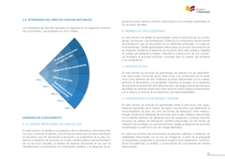 3.9 ESTÁNDARES DEL ÁREA DE CIENCIAS NATURALES
Los estándares de Ciencias Naturales se organizan en los siguientes dominios
de conocimiento, que progresan en cinco niveles:

o
om
ra c
ier
ta t da
ne de vi
la
El p lugar
un
mas
cosiste
e los e
ica d
Dinám
NIVEL 1

NIVEL 2

Sistem
as de
vida
Tr
an
m
at sfer
er e
ia nc
y e ia
ne ent
NIVEL 3
rg re
ía
NIVEL 4

NIVEL 5

DOMINIOS DE CONOCIMIENTO
A. EL PLANETA TIERRA COMO UN LUGAR DE VIDA
En este dominio se detalla la comprensión de los elementos y fenómenos físicos que conforman el planeta, y las formas de interacción de estos elementos
en procesos que han favorecido la evolución y el surgimiento de la vida. Evidencia el desarrollo de acciones en la vida cotidiana para el aprovechamiento
de los recursos naturales, el análisis de diversas situaciones en las que se
interrelacionan conocimientos con información científica, y el desarrollo de ar-

gumentos sobre distintos ámbitos relacionados con el manejo sustentable de
los recursos naturales.
B. DINÁMICA DE LOS ECOSISTEMAS
En este dominio se detalla los aprendizajes sobre la estructura de los ecosistemas, los biomas y las biorregiones. Evidencia la comprensión de las formas
de interrelación que se encuentran en los diferentes ambientes, con base en
la biodiversidad. Detalla aprendizajes relacionados al proceso de evolución de
las especies. Evidencia el desarrollo de acciones de la vida cotidiana, dirigidas
al cuidado del ambiente inmediato. Describe la construcción de una conciencia ecológica al proponer acciones concretas para el cuidado del ambiente
y su conservación.
C. SISTEMAS DE VIDA
En este dominio se enuncian los aprendizajes (en relación con las características, estructuras y funciones de los seres vivos), y la comprensión de los seres
vivos como sistemas de vida. Evidencia acciones relacionadas con el cuidado
personal, la alimentación y la sexualidad. Describe el progreso en el desarrollo
de prácticas de prevención ante diferentes tipos de riesgos.Desarrolla procesos
de análisis de diversas situaciones sobre avances biotecnológicos relacionados
con la salud y la vivencia de los derechos y las responsabilidades.
D. TRANSFERENCIA ENTRE MATERIA Y ENERGÍA
En este dominio se enuncia los aprendizajes sobre la estructura y las características esenciales de la materia, las leyes y los principios que determinan el
comportamiento de esta, así como las formas de interacción entre materia y
energía. Evidencia el desarrollo de acciones para la vida cotidiana, relacionadas
con la debida utilización de diferentes tipos de sustancias y energía. Describe
procesos de análisis de información científica relacionada con las formas de
utilización de la energía y su aprovechamiento. Detalla el desarrollo de acciones
encaminadas a potenciar el uso de energía alternativa.
En todos los dominios de conocimiento se describe, además, el desarrollo de
habilidades relacionadas con el ciclo de indagación, a partir de la búsqueda
de respuestas a preguntas o supuestos surgidos de la observación, la recopilación de evidencias, su análisis, y la formulación de conclusiones de manera
argumentada.
39

 