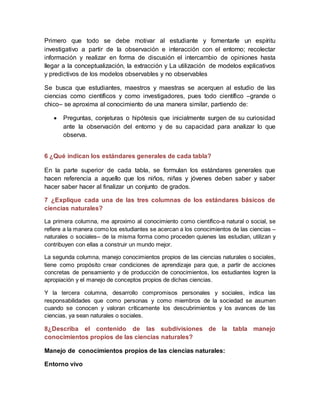 Primero que todo se debe motivar al estudiante y fomentarle un espíritu
investigativo a partir de la observación e interacción con el entorno; recolectar
información y realizar en forma de discusión el intercambio de opiniones hasta
llegar a la conceptualización, la extracción y La utilización de modelos explicativos
y predictivos de los modelos observables y no observables
Se busca que estudiantes, maestros y maestras se acerquen al estudio de las
ciencias como científicos y como investigadores, pues todo científico –grande o
chico– se aproxima al conocimiento de una manera similar, partiendo de:
 Preguntas, conjeturas o hipótesis que inicialmente surgen de su curiosidad
ante la observación del entorno y de su capacidad para analizar lo que
observa.
6 ¿Qué indican los estándares generales de cada tabla?
En la parte superior de cada tabla, se formulan los estándares generales que
hacen referencia a aquello que los niños, niñas y jóvenes deben saber y saber
hacer saber hacer al finalizar un conjunto de grados.
7 ¿Explique cada una de las tres columnas de los estándares básicos de
ciencias naturales?
La primera columna, me aproximo al conocimiento como científico-a natural o social, se
refiere a la manera como los estudiantes se acercan a los conocimientos de las ciencias –
naturales o sociales– de la misma forma como proceden quienes las estudian, utilizan y
contribuyen con ellas a construir un mundo mejor.
La segunda columna, manejo conocimientos propios de las ciencias naturales o sociales,
tiene como propósito crear condiciones de aprendizaje para que, a partir de acciones
concretas de pensamiento y de producción de conocimientos, los estudiantes logren la
apropiación y el manejo de conceptos propios de dichas ciencias.
Y la tercera columna, desarrollo compromisos personales y sociales, indica las
responsabilidades que como personas y como miembros de la sociedad se asumen
cuando se conocen y valoran críticamente los descubrimientos y los avances de las
ciencias, ya sean naturales o sociales.
8¿Describa el contenido de las subdivisiones de la tabla manejo
conocimientos propios de las ciencias naturales?
Manejo de conocimientos propios de las ciencias naturales:
Entorno vivo
 