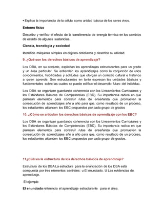 • Explico la importancia de la célula como unidad básica de los seres vivos.
Entorno físico
Describo y verifico el efecto de la transferencia de energía térmica en los cambios
de estado de algunas sustancias.
Ciencia, tecnología y sociedad
Identifico máquinas simples en objetos cotidianos y describo su utilidad.
9. ¿Qué son los derechos básicos de aprendizaje?
Los DBA, en su conjunto, explicitan los aprendizajes estructurantes para un grado
y un área particular. Se entienden los aprendizajes como la conjunción de unos
conocimientos, habilidades y actitudes que otorgan un contexto cultural e histórico
a quien aprende. Son estructurantes en tanto expresan las unidades básicas y
fundamentales sobre las cuales se puede edificar el desarrollo futuro del individuo.
Los DBA se organizan guardando coherencia con los Lineamientos Curriculares y
los Estándares Básicos de Competencias (EBC). Su importancia radica en que
plantean elementos para construir rutas de enseñanza que promueven la
consecución de aprendizajes año a año para que, como resultado de un proceso,
los estudiantes alcancen los EBC propuestos por cada grupo de grados
10. ¿Cómo se articulan los derechos básicos de aprendizaje con los EBC?
Los DBA se organizan guardando coherencia con los Lineamientos Curriculares y
los Estándares Básicos de Competencias (EBC). Su importancia radica en que
plantean elementos para construir rutas de enseñanza que promueven la
consecución de aprendizajes año a año para que, como resultado de un proceso,
los estudiantes alcancen los EBC propuestos por cada grupo de grados.
11¿Cuál es la estructura de los derechos básicos de aprendizaje?
Estructura de los DBA La estructura para la enunciación de los DBA está
compuesta por tres elementos centrales: u El enunciado. U Las evidencias de
aprendizaje.
El ejemplo
El enunciado referencia el aprendizaje estructurante para el área.
 