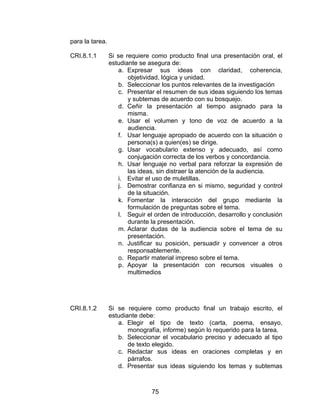 para la tarea.

CRI.8.1.1        Si se requiere como producto final una presentación oral, el
                 estudiante se asegura de:
                    a. Expresar sus ideas con claridad, coherencia,
                        objetividad, lógica y unidad.
                    b. Seleccionar los puntos relevantes de la investigación
                    c. Presentar el resumen de sus ideas siguiendo los temas
                        y subtemas de acuerdo con su bosquejo.
                    d. Ceñir la presentación al tiempo asignado para la
                        misma.
                    e. Usar el volumen y tono de voz de acuerdo a la
                        audiencia.
                    f. Usar lenguaje apropiado de acuerdo con la situación o
                        persona(s) a quien(es) se dirige.
                    g. Usar vocabulario extenso y adecuado, así como
                        conjugación correcta de los verbos y concordancia.
                    h. Usar lenguaje no verbal para reforzar la expresión de
                        las ideas, sin distraer la atención de la audiencia.
                    i. Evitar el uso de muletillas.
                    j. Demostrar confianza en si mismo, seguridad y control
                        de la situación.
                    k. Fomentar la interacción del grupo mediante la
                        formulación de preguntas sobre el tema.
                    l. Seguir el orden de introducción, desarrollo y conclusión
                        durante la presentación.
                    m. Aclarar dudas de la audiencia sobre el tema de su
                        presentación.
                    n. Justificar su posición, persuadir y convencer a otros
                        responsablemente.
                    o. Repartir material impreso sobre el tema.
                    p. Apoyar la presentación con recursos visuales o
                        multimedios




CRI.8.1.2        Si se requiere como producto final un trabajo escrito, el
                 estudiante debe:
                    a. Elegir el tipo de texto (carta, poema, ensayo,
                        monografía, informe) según lo requerido para la tarea.
                    b. Seleccionar el vocabulario preciso y adecuado al tipo
                        de texto elegido.
                    c. Redactar sus ideas en oraciones completas y en
                        párrafos.
                    d. Presentar sus ideas siguiendo los temas y subtemas



                                75
 