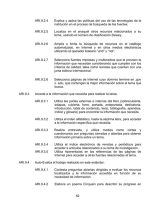 ARI.9.2.4     Explica y aplica las políticas del uso de las tecnologías de la
                        institución en el proceso de búsqueda de las fuentes.

          ARI.9.2.5     Localiza en el anaquel otros recursos relacionados a su
                        tema, usando el número de clasificación Dewey.

          ARI.9.2.6     Amplía o limita la búsqueda de recursos en el catálogo
                        automatizado, en Internet y en otros medios electrónicos
                        utilizando el operador boleano “and” y “not”.

          ARI.9.2.7     Selecciona fuentes impresas y multimedios que le proveen la
                        información que necesitan considerando que cumplen con los
                        criterios de calidad, tales como revistas que cuentan con una
                        junta editora internacional.

          ARI.9.2.8     Selecciona páginas de Internet cuyo dominio termine en .gov
                        o .edu, que contengan la mejor información sobre el tema que
                        busca.

ARI.9.3   Accede a la información que necesita para realizar la tarea.

          ARI.9.3.1     Utiliza las partes externas e internas del libro (sobrecubierta,
                        solapas, cubierta, lomo, portada, anteportada, dedicatoria,
                        introducción, tabla de contenido, texto, bibliografía, apéndice,
                        índice y glosario) para encontrar la información que necesita.

          ARI.9.3.2     Utiliza el orden alfabético, hasta la séptima letra, para acceder
                        a la información específica que necesita.

          ARI.9.3.3     Realiza entrevista, y utiliza medios como cartas y
                        cuestionarios con preguntas cerradas y abiertas para obtener
                        información primaria sobre un tema.

          ARI.9.3.4     Utiliza el índice electrónico de revistas y periódicos para
                        acceder a artículos relacionados a su tema de investigación.
          ARI.9.3.5     Utiliza hiperenlaces en las referencias de las páginas de
                        Internet para acceder a otras fuentes relacionadas al tema.

ARI.9.4   Auto-Evalúa el trabajo realizado en este estándar.

          ARI.9.4.1     Contesta preguntas abiertas dirigidas a evaluar los recursos
                        localizados y la información accedida en función de su
                        necesidad de información.

          ARI.9.4.2     Elabora un poema Cinquain para describir su progreso en


                                        82
 