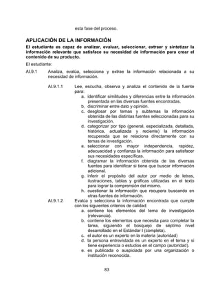 esta fase del proceso.

APLICACIÓN DE LA INFORMACIÓN
El estudiante es capaz de analizar, evaluar, seleccionar, extraer y sintetizar la
información relevante que satisface su necesidad de información para crear el
contenido de su producto.
El estudiante:
AI.9.1     Analiza, evalúa, selecciona y extrae la información relacionada a su
           necesidad de información.

           AI.9.1.1    Lee, escucha, observa y analiza el contenido de la fuente
                       para:
                          a. identificar similitudes y diferencias entre la información
                              presentada en las diversas fuentes encontradas.
                          b. discriminar entre dato y opinión.
                          c. desglosar por temas y subtemas la información
                              obtenida de las distintas fuentes seleccionadas para su
                              investigación.
                          d. categorizar por tipo (general, especializada, detallada,
                              histórica, actualizada y reciente) la información
                              recuperada que se relaciona directamente con su
                              temas de investigación.
                          e. seleccionar con mayor independencia, rapidez,
                              adecuacidad y confianza la información para satisfacer
                              sus necesidades específicas.
                          f. diagramar la información obtenida de las diversas
                              fuentes para identificar si tiene que buscar información
                              adicional.
                          g. inferir el propósito del autor por medio de letras,
                              ilustraciones, tablas y gráficas utilizadas en el texto
                              para lograr la comprensión del mismo.
                          h. cuestionar la información que recupera buscando en
                              otras fuentes de información.
           AI.9.1.2    Evalúa y selecciona la información encontrada que cumple
                       con los siguientes criterios de calidad:
                          a. contiene los elementos del tema de investigación
                              (relevancia).
                          b. contiene los elementos que necesita para completar la
                              tarea, siguiendo el bosquejo de séptimo nivel
                              desarrollado en el Estándar I (completa).
                          c. el autor es un experto en la materia (autoridad)
                          d. la persona entrevistada es un experto en el tema y si
                              tiene experiencia o estudios en el campo (autoridad).
                          e. es publicada o auspiciada por una organización o
                              institución reconocida.


                                      83
 