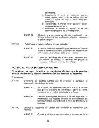 bibliotecario.
                                    b. desglosando el tema en subtemas usando
                                       tablas, organigramas, hojas de cotejo, rúbricas,
                                       mapa conceptual de segundo nivel bosquejos
                                       complejos.
                                    c. seleccionado al menos doce palabras claves
                                       relacionadas con su tema.
                                    d. redactando al menos un objetivo en el que
                                       exprese el propósito de la investigación.

                 ENI.10.2.2     Redacta una propuesta sencilla de investigación que
                                incluye la introducción, justificación, objetivo, preguntas
                                y pasos a seguir.

ENI.10.3         Auto-Evalúa el trabajo realizado en este estándar.

                 ENI.10.3.1     Contesta preguntas reflexivas para expresar su opinión
                                sobre si identificó y expresó claramente su necesidad de
                                información y los criterios de la tarea a realizar.

                 ENI.10.3.2      Utiliza el portafolio electrónico para organizar sus
                                 documentos de trabajo, un resumen del proceso y
                                 respuestas reflexivas sobre su aprendizaje.


ACCESO AL RECURSO DE INFORMACIÓN
El estudiante es capaz de utilizar las estrategias efectivas que le permiten
localizar los recursos y acceder a la información que satisface su necesidad.
El estudiante:
ARI.10.1         Determina las posibles fuentes que le ayudarán a conseguir la
                 información para trabajar su tarea.

                 ARI.10.1.1    De acuerdo a su necesidad diferencia el tipo de recurso
                               que puede proveerle la información sobre su tema,
                               considerando el nivel de dificultad y el enfoque.

                 ARI.10.1.2    Identifica y escoge las posibles fuentes que le proveen la
                               información que necesita tomando en consideración su
                               formato, manejo, disponibilidad, el nivel de dificultad y el
                               enfoque.

ARI.10.2         Localiza y selecciona las fuentes que contienen la información que
                 necesita.

                 ARI.10.2.1    Cumple y divulga a sus compañeros las normas de la


                                          92
 
