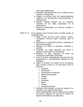 otros responsablemente.
                 o.   Recopilar recomendaciones de la audiencia para
                      mejorar su trabajo final.
                 p.   Integrar al producto final las recomendaciones
                      validad a sus conclusiones, recomendaciones e
                      implicaciones.
                 q.   Repartir material impreso con el contenido
                      resumido de las ideas expresadas en la
                      presentación.
                 r.   Apoyar la presentación con recursos visuales o
                      multimedios

CNPI.10.1.2   Si se requiere como producto final un trabajo escrito, el
              estudiante debe:
                 a. Elegir el tipo de texto (carta, poema, ensayo,
                     monografía, informe) según requerido para la
                     tarea.
                 b. Seleccionar el vocabulario preciso y adecuado al
                     tipo de texto elegido.
                 c. Redactar sus ideas en oraciones completas y
                     párrafos.
                 d. Presentar sus ideas siguiendo los temas y
                     subtemas de acuerdo con su bosquejo.
                 e. Redactar el texto siguiendo el orden de
                     introducción, desarrollo y conclusión
                 f. Incluir en el texto, dependiendo el tipo de tarea, las
                     implicaciones y recomendación basadas en los
                     hallazgos.
                 g. Seguir el proceso de revisión de los borradores
                     para corregir errores en el documento final en
                     términos:
                         • ortografía
                         • acentuación
                         • mayúsculas y minúsculas
                         • signos de puntuación
                         • sintaxis
                         • omisión
                         • conceptos
                         • lógica
                         • formato
                         • redacción de fichas.
                 h. Distinguir entre párrafos, ya sea por sangría a su
                     comienzo o por espacio entre éstos.
                 i. Incluir la bibliografía o lista de referencias de todas
                     las fuentes utilizadas de acuerdo al manual de
                     estilo recomendado o que seleccione.


                         99
 