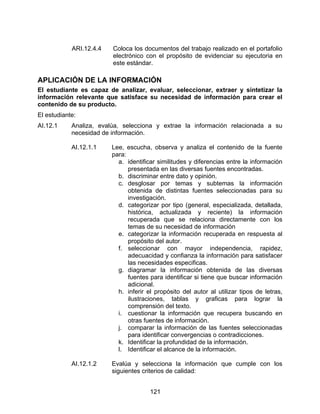 ARI.12.4.4   Coloca los documentos del trabajo realizado en el portafolio
                         electrónico con el propósito de evidenciar su ejecutoria en
                         este estándar.

APLICACIÓN DE LA INFORMACIÓN
El estudiante es capaz de analizar, evaluar, seleccionar, extraer y sintetizar la
información relevante que satisface su necesidad de información para crear el
contenido de su producto.
El estudiante:
AI.12.1     Analiza, evalúa, selecciona y extrae la información relacionada a su
            necesidad de información.

            AI.12.1.1    Lee, escucha, observa y analiza el contenido de la fuente
                         para:
                           a. identificar similitudes y diferencias entre la información
                               presentada en las diversas fuentes encontradas.
                           b. discriminar entre dato y opinión.
                           c. desglosar por temas y subtemas la información
                               obtenida de distintas fuentes seleccionadas para su
                               investigación.
                           d. categorizar por tipo (general, especializada, detallada,
                               histórica, actualizada y reciente) la información
                               recuperada que se relaciona directamente con los
                               temas de su necesidad de información
                           e. categorizar la información recuperada en respuesta al
                               propósito del autor.
                           f. seleccionar con mayor independencia, rapidez,
                               adecuacidad y confianza la información para satisfacer
                               las necesidades especificas.
                           g. diagramar la información obtenida de las diversas
                               fuentes para identificar si tiene que buscar información
                               adicional.
                           h. inferir el propósito del autor al utilizar tipos de letras,
                               ilustraciones, tablas y graficas para lograr la
                               comprensión del texto.
                           i. cuestionar la información que recupera buscando en
                               otras fuentes de información.
                           j. comparar la información de las fuentes seleccionadas
                               para identificar convergencias o contradicciones.
                           k. Identificar la profundidad de la información.
                           l. Identificar el alcance de la información.

            AI.12.1.2    Evalúa y selecciona la información que cumple con los
                         siguientes criterios de calidad:


                                       121
 