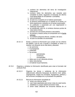 a. contiene los elementos del tema de investigación
                             (relevancia).
                          b. contiene todos los elementos que necesita para
                             completar la tarea, siguiendo el bosquejo de décimo
                             nivel desarrollado en el Estándar I (completa).
                          c. está actualizada.
                          d. el autor es un experto en la materia (autorizada)
                          e. la persona entrevistada es un experto en el tema y si
                             tiene experiencia o estudios en el campo (autorizada).
                          f. es publicada o auspiciada por una organización o
                             institución reconocida.
                          g. es equilibrada, esto es, si contiene diversos puntos de
                             vista sobre el tema.
                          h. proviene de una fuente primaria o secundaria.
                          i. es precisa y exacta (veraz) al compararla con la fuente
                             primaria.
                          j. no contiene prejuicios étnicos, raciales o de sexo.
                          k. el autor es sensible a la diversidad.

          AI.12.1.3     Extrae y prioriza la información que cumple con los criterios
                        de calidad y que le van a ayudar a completar su tarea o a
                        resolver una situación de la vida diaria y descarta:
                          • las opiniones
                          • la propaganda
                          • publicidad
                          • los errores:
                              o          gramaticales
                              o          numéricos.
                              o          conceptuales
                          • datos que no son relevante al tema.
                          • datos redundantes
                          • el material visual impreciso.

AI.12.2   Organiza y sintetiza la información identificada para crear el borrador del
          producto final.

          AI.12.2.1     Organiza los temas y subtemas de la información
                        seleccionada utilizando bosquejos de décimo nivel, tablas,
                        organigramas, mapas de conceptos, flujogramas, graficas y
                        las funciones complejas de un procesador de palabras.

          AI.12.2.2     Resume la información recopilada al:
                          a. tomar una nota por tema.
                          b. usar hojas separadas para tomar notas de cada fuente.
                          c. establecer su propio sistema de tomar notas.
                          d. tomar notas utilizando las funciones básicas de un


                                     122
 