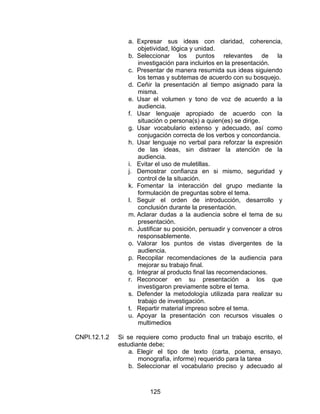 a. Expresar sus ideas con claridad, coherencia,
                    objetividad, lógica y unidad.
                 b. Seleccionar los puntos relevantes de la
                    investigación para incluirlos en la presentación.
                 c. Presentar de manera resumida sus ideas siguiendo
                    los temas y subtemas de acuerdo con su bosquejo.
                 d. Ceñir la presentación al tiempo asignado para la
                    misma.
                 e. Usar el volumen y tono de voz de acuerdo a la
                    audiencia.
                 f. Usar lenguaje apropiado de acuerdo con la
                    situación o persona(s) a quien(es) se dirige.
                 g. Usar vocabulario extenso y adecuado, así como
                    conjugación correcta de los verbos y concordancia.
                 h. Usar lenguaje no verbal para reforzar la expresión
                    de las ideas, sin distraer la atención de la
                    audiencia.
                 i. Evitar el uso de muletillas.
                 j. Demostrar confianza en si mismo, seguridad y
                    control de la situación.
                 k. Fomentar la interacción del grupo mediante la
                    formulación de preguntas sobre el tema.
                 l. Seguir el orden de introducción, desarrollo y
                    conclusión durante la presentación.
                 m. Aclarar dudas a la audiencia sobre el tema de su
                    presentación.
                 n. Justificar su posición, persuadir y convencer a otros
                    responsablemente.
                 o. Valorar los puntos de vistas divergentes de la
                    audiencia.
                 p. Recopilar recomendaciones de la audiencia para
                    mejorar su trabajo final.
                 q. Integrar al producto final las recomendaciones.
                 r. Reconocer en su presentación a los que
                    investigaron previamente sobre el tema.
                 s. Defender la metodología utilizada para realizar su
                    trabajo de investigación.
                 t. Repartir material impreso sobre el tema.
                 u. Apoyar la presentación con recursos visuales o
                    multimedios

CNPI.12.1.2   Si se requiere como producto final un trabajo escrito, el
              estudiante debe;
                  a. Elegir el tipo de texto (carta, poema, ensayo,
                     monografía, informe) requerido para la tarea
                  b. Seleccionar el vocabulario preciso y adecuado al



                         125
 