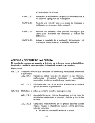 a los requisitos de la tarea.

             CNPI.12.2.2      Autoevalúa si el contenido del producto final responde a
                              los objetivos y preguntas de investigación.

             CNPI.12.2.3      Redacta una reflexión sobre sus áreas de fortalezas y
                              debilidades en el proceso de investigación.


             CNPI.12.2.4      Redacta una reflexión sobre posibles estrategias que
                              usará para mantener las fortalezas y reducir las
                              debilidades.

             CNPI.12.2.5      Incluye el resultado de la evaluación del producto y el
                              proceso de investigación en el portafolio electrónico.




APRECIO Y DISFRUTE DE LA LECTURA
El estudiante es capaz de apreciar y disfrutar de la lectura como actividad libre,
imaginativa, solidaria, compensadora, intelectual, recreativa y creadora.
El estudiante:
ADL.12.1    Selecciona lecturas que satisfacen sus intereses y necesidades personales
            y curriculares
            ADL.12.1.1     Selecciona lectura variadas de acuerdo a sus intereses,
                           preferencias,   diversidad    lingüística y    necesidades
                           personales, familiares, académicas y vocacionales.

            ADL.12.1.2     Prioriza la selección de las lecturas a realizar de acuerdo al
                           tipo de recurso de su preferencia.

ADL.12.2    Disfruta de la lectura y comparte con otros sus experiencias.

            ADL.12.2.1     Aprecia la literatura y disfruta de participar en toda clase de
                           actividades conducentes a compartir, disfrutar y discutir las
                           lecturas.

            ADL.12.2.2     Comparte y relata la trama en sus propias palabras usando
                           medios visuales y electrónicos cuando estime pertinente,
                           además comunica:
                              • los eventos más significativos de la lectura


                                         128
 