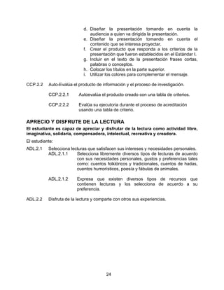 d. Diseñar la presentación tomando en cuenta la
                                audiencia a quien va dirigida la presentación.
                             e. Diseñar la presentación tomando en cuenta el
                                contenido que se interesa proyectar.
                             f. Crear el producto que responda a los criterios de la
                                presentación que fueron establecidos en el Estándar I.
                             g. Incluir en el texto de la presentación frases cortas,
                                palabras o conceptos.
                             h. Colocar los títulos en la parte superior.
                             i. Utilizar los colores para complementar el mensaje.

CCP.2.2    Auto-Evalúa el producto de información y el proceso de investigación.

           CCP.2.2.1      Autoevalúa el producto creado con una tabla de criterios.

           CCP.2.2.2      Evalúa su ejecutoria durante el proceso de acreditación
                          usando una tabla de criterio.

APRECIO Y DISFRUTE DE LA LECTURA
El estudiante es capaz de apreciar y disfrutar de la lectura como actividad libre,
imaginativa, solidaria, compensadora, intelectual, recreativa y creadora.
El estudiante:
ADL.2.1    Selecciona lecturas que satisfacen sus intereses y necesidades personales.
           ADL.2.1.1     Selecciona libremente diversos tipos de lecturas de acuerdo
                         con sus necesidades personales, gustos y preferencias tales
                         como: cuentos folklóricos y tradicionales, cuentos de hadas,
                         cuentos humorísticos, poesía y fábulas de animales.

           ADL.2.1.2     Expresa que existen diversos tipos de recursos que
                         contienen lecturas y los selecciona de acuerdo a su
                         preferencia.

ADL.2.2    Disfruta de la lectura y comparte con otros sus experiencias.




                                        24
 