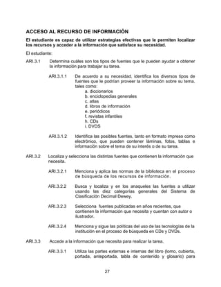 ACCESO AL RECURSO DE INFORMACIÓN
El estudiante es capaz de utilizar estrategias efectivas que le permiten localizar
los recursos y acceder a la información que satisface su necesidad.
El estudiante:
ARI.3.1     Determina cuáles son los tipos de fuentes que le pueden ayudar a obtener
            la información para trabajar su tarea.

            ARI.3.1.1    De acuerdo a su necesidad, identifica los diversos tipos de
                         fuentes que le podrían proveer la información sobre su tema,
                         tales como:
                              a. diccionarios
                              b. enciclopedias generales
                              c. atlas
                              d. libros de información
                              e. periódicos
                              f. revistas infantiles
                              h. CDs
                              i. DVDS

            ARI.3.1.2    Identifica las posibles fuentes, tanto en formato impreso como
                         electrónico, que pueden contener láminas, fotos, tablas e
                         información sobre el tema de su interés o de su tarea.

ARI.3.2    Localiza y selecciona las distintas fuentes que contienen la información que
           necesita.

           ARI.3.2.1     Menciona y aplica las normas de la biblioteca en el proceso
                         de búsqueda de los recursos de información.

           ARI.3.2.2     Busca y localiza y en los anaqueles las fuentes a utilizar
                         usando las diez categorías generales del Sistema de
                         Clasificación Decimal Dewey.

           ARI.3.2.3     Selecciona fuentes publicadas en años recientes, que
                         contienen la información que necesita y cuentan con autor o
                         ilustrador.

           ARI.3.2.4     Menciona y sigue las políticas del uso de las tecnologías de la
                         institución en el proceso de búsqueda en CDs y DVDs.

ARI.3.3     Accede a la información que necesita para realizar la tarea.

           ARI.3.3.1     Utiliza las partes externas e internas del libro (lomo, cubierta,
                         portada, anteportada, tabla de contenido y glosario) para


                                         27
 