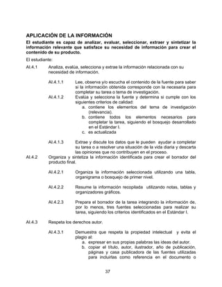 APLICACIÓN DE LA INFORMACIÓN
El estudiante es capaz de analizar, evaluar, seleccionar, extraer y sintetizar la
información relevante que satisface su necesidad de información para crear el
contenido de su producto.
El estudiante:
AI.4.1     Analiza, evalúa, selecciona y extrae la información relacionada con su
           necesidad de información.

           AI.4.1.1      Lee, observa y/o escucha el contenido de la fuente para saber
                         si la información obtenida corresponde con la necesaria para
                         completar su tarea o tema de investigación.
           AI.4.1.2      Evalúa y selecciona la fuente y determina si cumple con los
                         siguientes criterios de calidad:
                             a. contiene los elementos del tema de investigación
                                 (relevancia).
                             b. contiene todos los elementos necesarios para
                                 completar la tarea, siguiendo el bosquejo desarrollado
                                 en el Estándar I.
                             c. es actualizada

           AI.4.1.3      Extrae y discute los datos que le pueden ayudar a completar
                         su tarea o a resolver una situación de la vida diaria y descarta
                         las opiniones que no contribuyen en el proceso.
AI.4.2     Organiza y sintetiza la información identificada para crear el borrador del
           producto final.

           AI.4.2.1      Organiza la información seleccionada utilizando una tabla,
                         organigrama o bosquejo de primer nivel.

           AI.4.2.2      Resume la información recopilada utilizando notas, tablas y
                         organizadores gráficos.

           AI.4.2.3      Prepara el borrador de la tarea integrando la información de,
                         por lo menos, tres fuentes seleccionadas para realizar su
                         tarea, siguiendo los criterios identificados en el Estándar I.

AI.4.3     Respeta los derechos autor.

           AI.4.3.1      Demuestra que respeta la propiedad intelectual y evita el
                         plagio al:
                            a. expresar en sus propias palabras las ideas del autor.
                            b. copiar el título, autor, ilustrador, año de publicación,
                                páginas y casa publicadora de las fuentes utilizadas
                                para incluirlas como referencia en el documento o


                                         37
 
