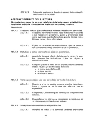 CCP.4.2.2      Autoevalúa su ejecutoria durante el proceso de investigación
                          usando una hoja de cotejo.

APRECIO Y DISFRUTE DE LA LECTURA
El estudiante es capaz de apreciar y disfrutar de la lectura como actividad libre,
imaginativa, solidaria, compensadora, intelectual, recreativa y creadora.
El estudiante:
ADL.4.1    Selecciona lecturas que satisfacen sus intereses y necesidades personales.
           ADL.4.1.1     Selecciona libremente diversos tipos de lecturas de acuerdo
                         a sus necesidades personales, gustos y preferencias tales
                         como: aventuras, cuentos fantásticos, poesía, fabulas, mitos,
                         libros de humor y libros informativos.


           ADL.4.1.2     Explica las características de los diversos tipos de recursos
                         que contienen lecturas y selecciona el de su preferencia.

ADL.4.2    Disfruta de la lectura y comparte con otros sus experiencias.

           ADL.4.2.1     Aprecia la literatura infantil, disfruta que le narren, le lean,
                         leer, observar las ilustraciones, hojear las páginas y
                         dramatizar lecturas.

           ADL.4.2.2     Comparte y relata la trama en sus propias palabras utilizando
                         medios visuales y/o electrónicos y menciona:
                           • el evento que más le gustó
                           • su lugar favorito
                           • el final de la lectura.


ADL.4.3    Tiene experiencias de vida y de aprendizaje por medio de la lectura.

           ADL.4.3.1     Reacciona a los personajes, sucesos, eventos, desenlaces,
                         trama y lugares de las lecturas que relacione con su
                         experiencia.

           ADL.4.3.2     Comprende y utiliza el lenguaje literario para componer rimas
                         sencillas.

           ADL.4.3.3     Desarrolla nuevos intereses y necesidades a medida que se
                         va relacionando con las diversas lecturas.

ADL.4.4    Se expresa creativamente inspirado por la lectura.

           ADL.4.4.1     Interpreta la lectura y lo comunica utilizando expresiones


                                        40
 